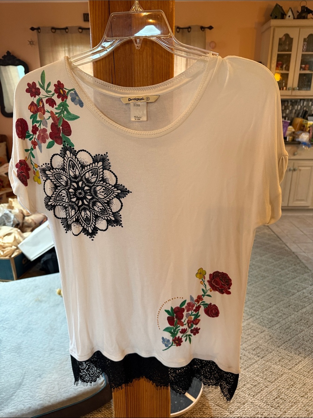Desigual White Tee with Red Floral Prints and Black Lace Hem